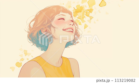 上を見上げて笑う女性 113219082
