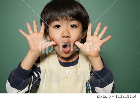 両手を広げて楽しそうな表情をする5歳の保育園児 113219114