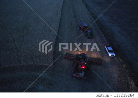 Harvester in Pampas Countryside, aerial view, La Pampa province, Argentina. Harvester in Pampas Countryside, aerial view, La Pampa province, Argentina. 113219264