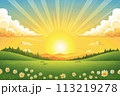 Spring summer natural background of rising sun in blue sky with white clouds over the green flowering meadow Spring summer natural background of rising sun in blue sky with white clouds over the green flowering meadow 113219278