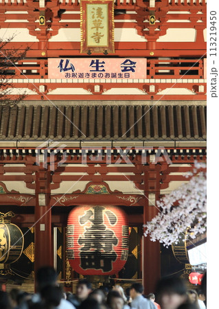 浅草寺　宝蔵門の大提灯　ライトアップされた宝蔵門 113219450