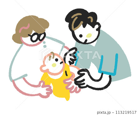 赤ちゃんに注射を打っている医師とサポートしている看護師のイラスト素材 赤ちゃんに注射を打っている医師とサポートしている看護師のイラスト素材 113219517