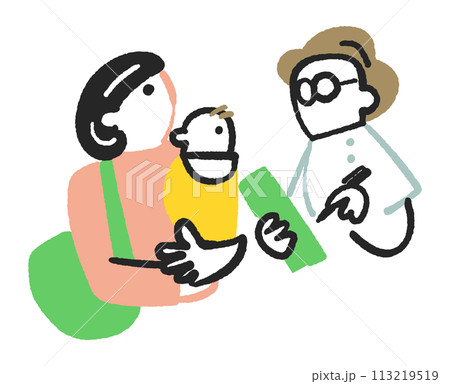 赤ちゃんを抱いている母親に問診している医師または看護師のイラスト素材 赤ちゃんを抱いている母親に問診している医師または看護師のイラスト素材 113219519