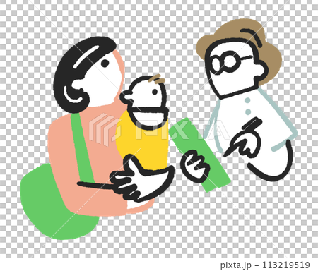 赤ちゃんを抱いている母親に問診している医師または看護師のイラスト素材 赤ちゃんを抱いている母親に問診している医師または看護師のイラスト素材 113219519