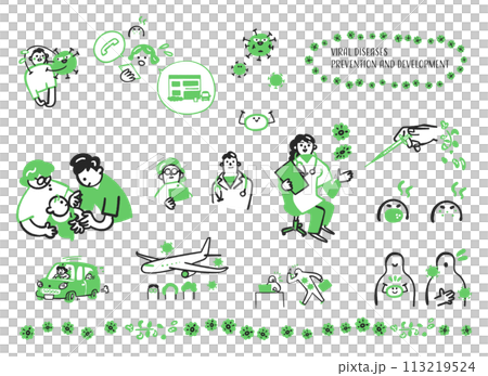 感染症の予防、対策、治療について医療の現場からのお知らせに使えるイラスト素材のセット	 113219524