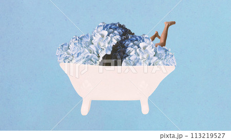 Poster. Contemporary art collage. Young woman flying to bath full of flowers against blue background. Pop art. 113219527