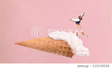 Poster. Contemporary art collage. Young happy woman in retro attire skiing on horn of white ice cream against pink background. 113219530