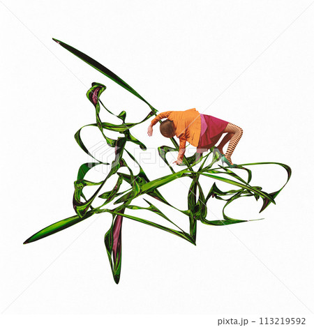 Poster. Contemporary art collage. Abstract composition with human figure entwined in oversized green plant. 113219592