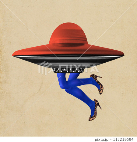 Poster. Contemporary art collage. Surreal artwork featuring red UFO hat, blue legs with leopard heels against beige backdrop. 113219594