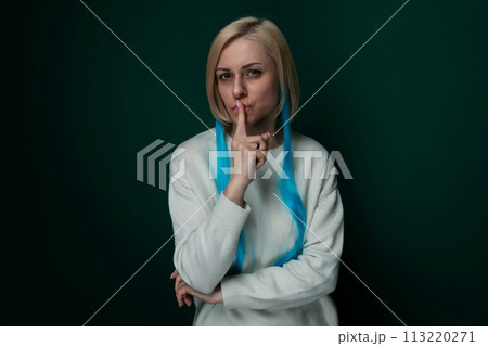 Woman Wearing Blue Ribbon Around Neck Woman Wearing Blue Ribbon Around Neck 113220271