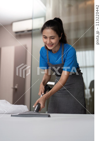Cleaning service employee removing dirt from with professional equipment. Female housekeeper cleaning the mattress on the bed with vacuum cleaner Cleaning service employee removing dirt from with professional equipment. Female housekeeper cleaning the mattress on the bed with vacuum cleaner 113220442
