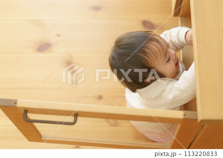 家具の扉を開ける赤ちゃん 113220833