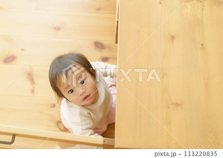 家具の扉を開ける赤ちゃん 113220835