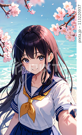 桜吹雪の中の女子高校生　入学・卒業イメージ 113220937