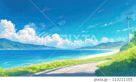 懐かしい海沿いの道からの眺め_2のイラスト素材 [113221105] - PIXTA