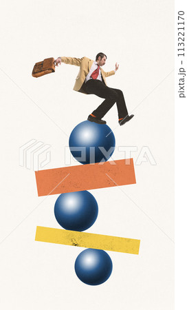 Contemporary art collage. Young man in retro suit and balancing on stack of balls and lines. Life work balance. 113221170
