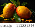 Mango. Close up of fresh ripe mango fruit with leaves over dark background 113221256