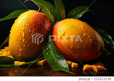 Mango. Close up of fresh ripe mango fruit with leaves over dark background 113221256