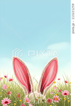 Easter greeting card or invitation with bunny ears in a meadow. Copy space 113221259