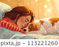 Happy person sleeping with dog in bed. Pet owner and cute doggy asleep at night. Love your pet concept 113221260
