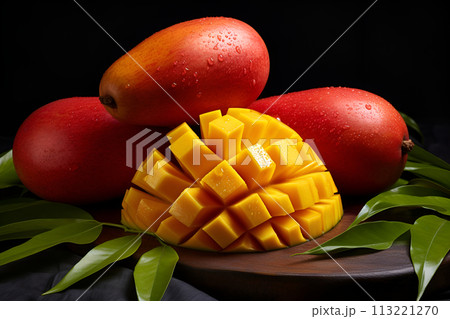 Mango is cut into cubes, surrounded by three whole mangos on the table with green leaves and black background Mango is cut into cubes, surrounded by three whole mangos on the table with green leaves and black background 113221270