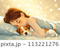 A cute girl in blue pajamas is sleeping, cuddling an adorable puppy. Soft pastel colors and gentle details evoke warmth and joy 113221276