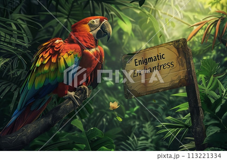 colorful ara-ara perched on a branch in a dense jungle, holding a big sign reading "Enigmatic Enchantress" colorful ara-ara perched on a branch in a dense jungle, holding a big sign reading "Enigmatic Enchantress" 113221334