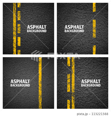 Asphalt road with yellow cracked lane marking, concrete highway surface, texture. Street traffic line, road dividing strip. Pattern with grainy structure, grunge stone background. Vector illustration 113221388