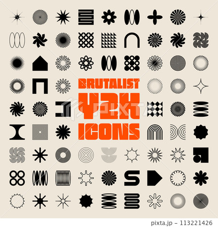 Brutalist geometric shapes, symbols. Simple primitive elements and forms. Retro design, trendy contemporary minimalist style, y2k. Vector illustration 113221426