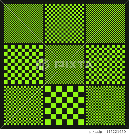 Trendy checkered pattern, black and green tiled grid. Funky geometric chessboard texture, retro background in 90s style, y2k. Vector illustration 113221430