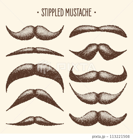 Brown stippled vintage mustache. Curly facial hair. Hipster beard. Stippling, dot drawing and shading, stipple pattern, halftone effect. Vector illustration Brown stippled vintage mustache. Curly facial hair. Hipster beard. Stippling, dot drawing and shading, stipple pattern, halftone effect. Vector illustration 113221508