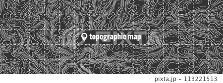 Topographic map with contour lines. Geographic terrain grid, relief height elevation. Ground path pattern. Travel and navigation, cartography design element. Vector illustration 113221513