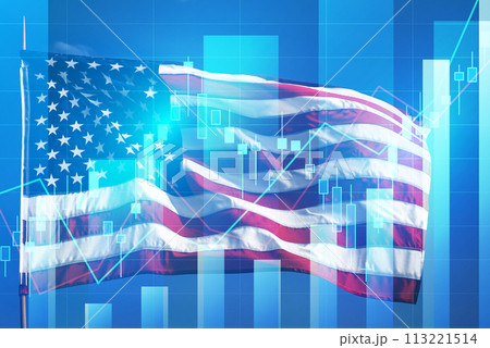 株価チャートと星条旗、米国株式市場 113221514