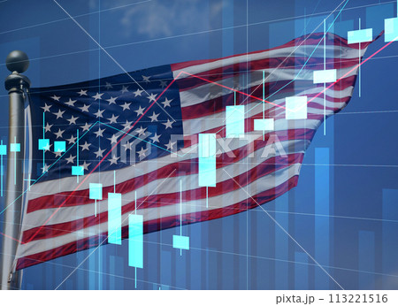 株価チャートと星条旗、米国株式市場 113221516