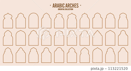 Islamic frames, oriental style objects. Arabic shapes, windows and arches. Traditional ornamental banner, frame. Muslim holidays, Ramadan Kareem. Modern eastern architecture. Vector illustration 113221520