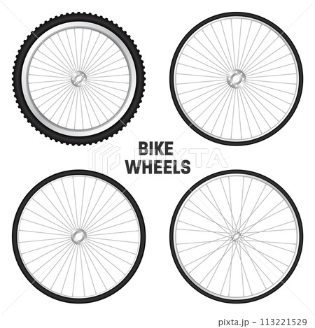 Realistic 3d bicycle wheels. Bike rubber tyres, shiny metal spokes and rims. Fitness cycle, touring, sport, road and mountain bike. Vector illustration 113221529