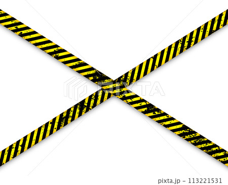 Old grunge barricade construction tape. Yellow police warning line, brightly colored danger or hazard stripe, ribbon. Restricted area, zone. Attention symbol. Vector illustration Old grunge barricade construction tape. Yellow police warning line, brightly colored danger or hazard stripe, ribbon. Restricted area, zone. Attention symbol. Vector illustration 113221531