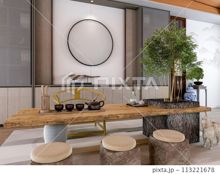 Interior of traditional Chinese style living room with tea table and blank empty frame for mock up, 3d rendering 113221678