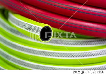 Rolled up colourful garden hose 113221981