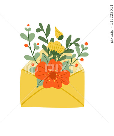 Hand drawn envelope with floral composition. Flat hand drawn colored stylized elements on white background. Unique print design for printout, poster, interior. Spring modern concept 113222011
