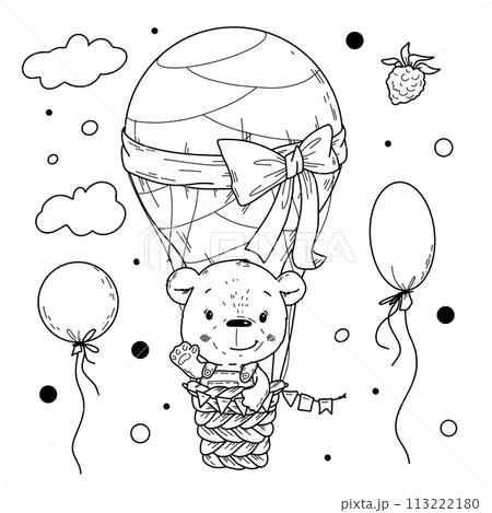 Vector illustration of a cute bear in a hot air balloon in doodle handdraw style. 113222180