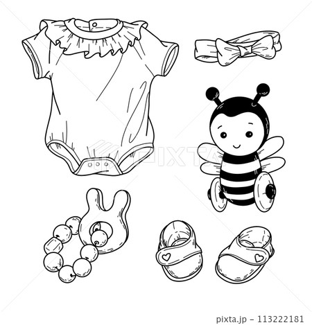 Vector illustration, a set of children s items for a baby in handdraw doodle style. 113222181