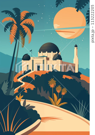 Los Angeles travel poster with Griffith observatory. Vintage travel art, design. Ai generated image Los Angeles travel poster with Griffith observatory. Vintage travel art, design. Ai generated image 113222205