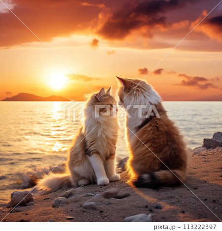 Two cats sitting on beach at sunset 113222397