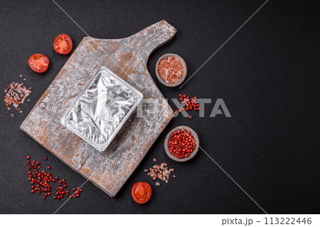 Rectangular plastic box with yogurt or cheese hermetically sealed with a foil lid Rectangular plastic box with yogurt or cheese hermetically sealed with a foil lid 113222446