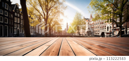 Wood table mockup with Amsterdam city street in shallow depth of field. Copy space for product. Generative AI 113222583