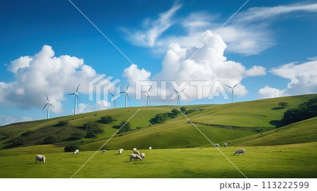 Power generating windmills on green hills. Renewable energy concept. Generative AI Power generating windmills on green hills. Renewable energy concept. Generative AI 113222599