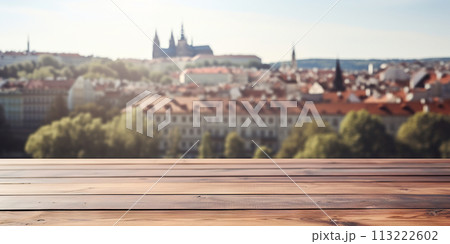 Wood table mockup with Prague city street in shallow depth of field. Copy space for product. Generative AI 113222602