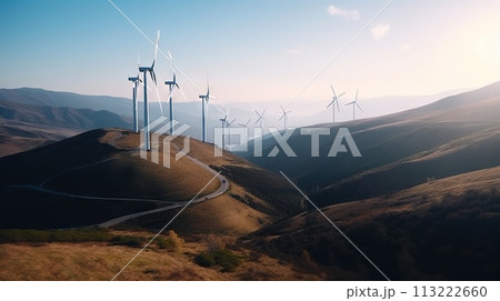 Power generating Windmills in Mountains. Green energy. Generative AI 113222660