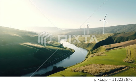 Wind turbines on landscape with green hills and river. Renewable energy concept. Generative AI 113222670